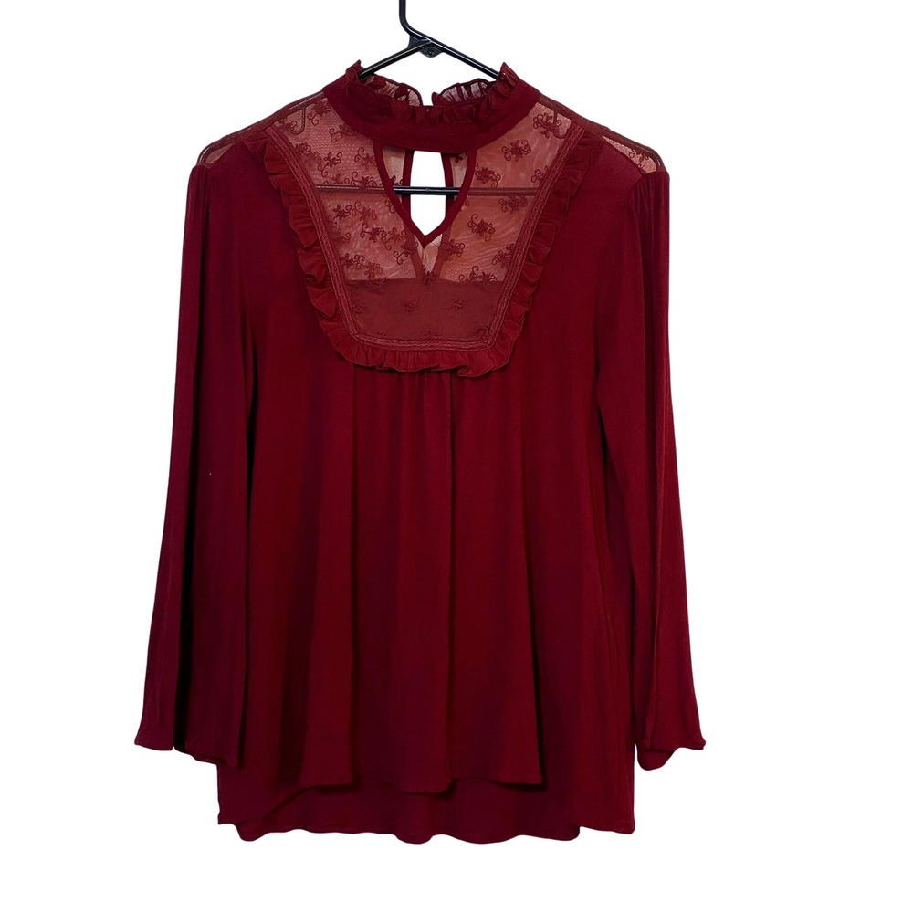 Chloah Burgundy Ruffle Lace Mock Neck Keyhole Long‎ Sleeve Blouse Top Size L